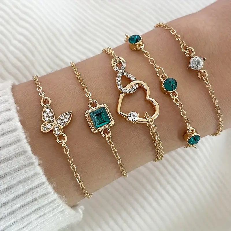 5pcs/Set Retro Style Bracelet Love Full Of Spinning Rhinestones Shiny Infinity Symbol Geometric Green Rhinestone Bracelet Eco-friendly