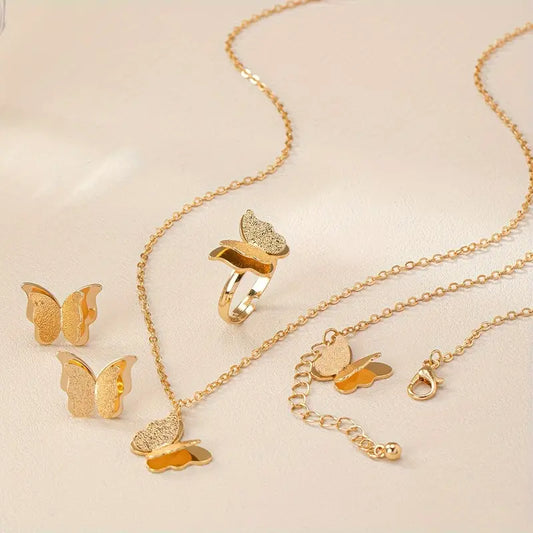 Butterfly-Themed Jewelry Set for Women - Includes Necklace, Earrings & Ring