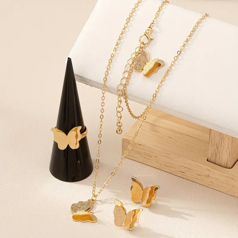 Butterfly-Themed Jewelry Set for Women - Includes Necklace, Earrings & Ring