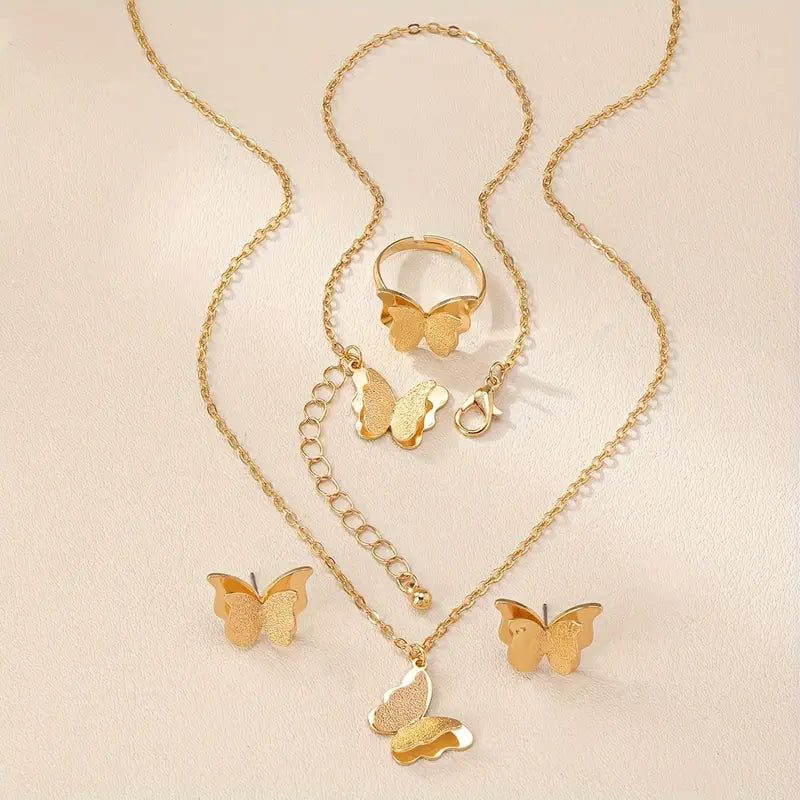 Butterfly-Themed Jewelry Set for Women - Includes Necklace, Earrings & Ring