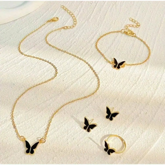 4-Piece Butterfly Themed Jewelry Set - Zinc Alloy Necklace, Earrings, and Ring with Simple Elegance