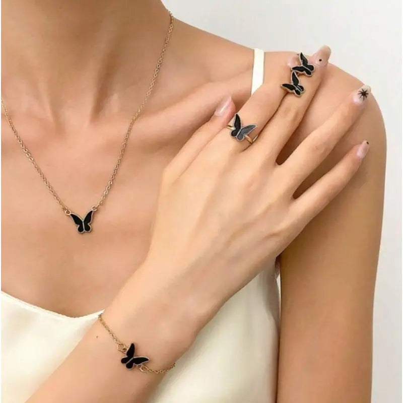 4-Piece Butterfly Themed Jewelry Set - Zinc Alloy Necklace, Earrings, and Ring with Simple Elegance