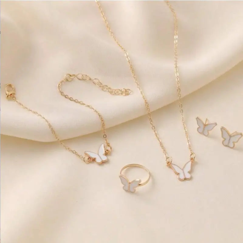 4-Piece Butterfly Themed Jewelry Set - Zinc Alloy Necklace, Earrings, and Ring with Simple Elegance